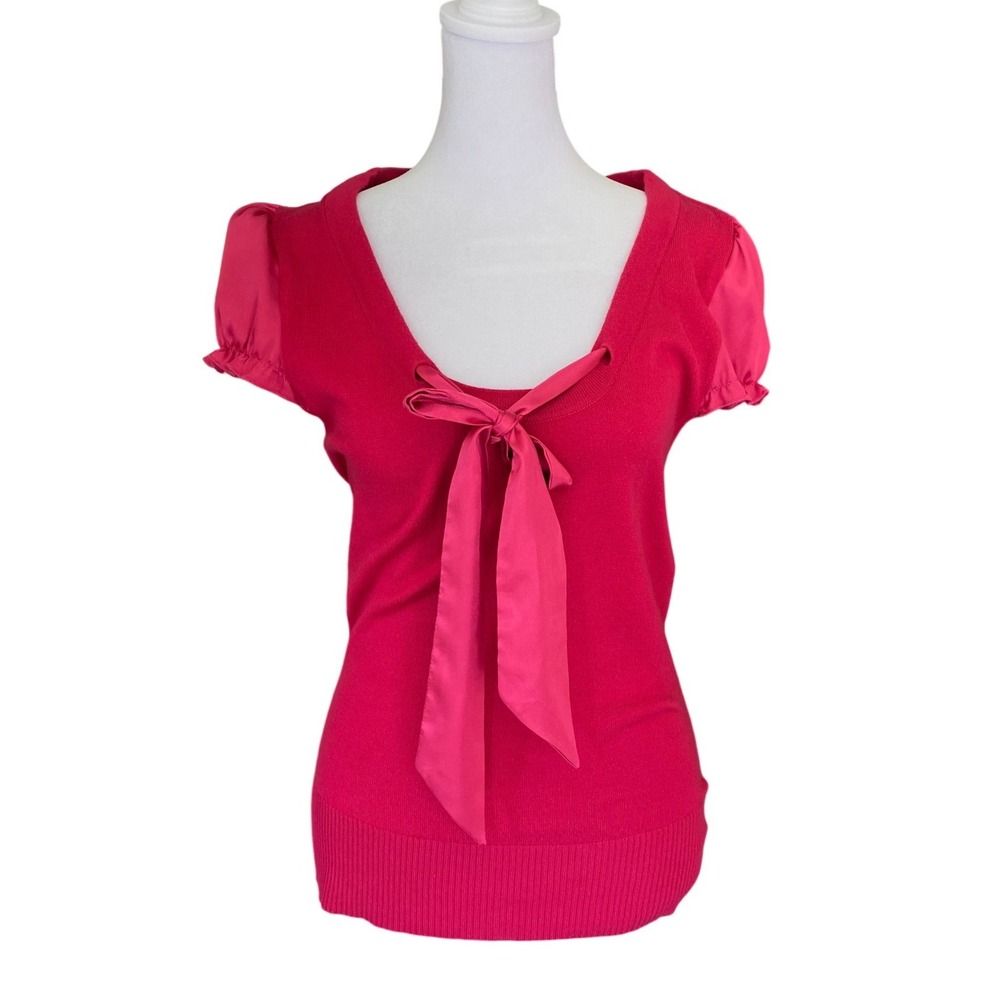 Heart Soul Y2K Bow Hot Pink Knit Top Large Barbicore Bratz Glam Preppy Vintage